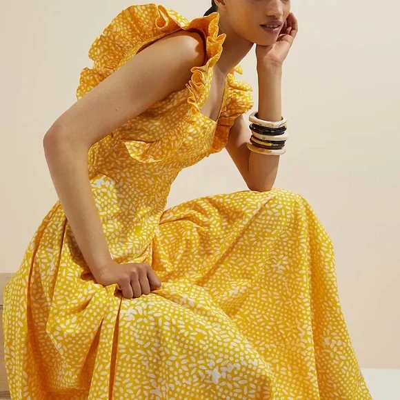 Dresses | Anthropologie Sika Marigold Ruffled Maxi Dress Polka Dot Square  Neck 18wworn 1x | Poshmark